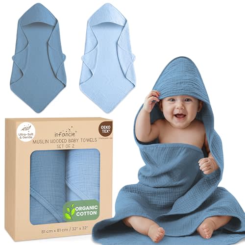 Organic Cotton Muslin Baby Hooded Towels - 32x32 Inch, 2 Pack Newborn Bath Towels for Boys & Girls, Soft & Absorbent Bath Set (Deep Blue/Aquarius)