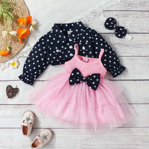 PatPat 3pcs Baby Girl 100% Cotton Long-sleeve Polka Dots Crop Jacket and Rib Knit Spliced Mesh Cami Fairy Dress with Headband Set