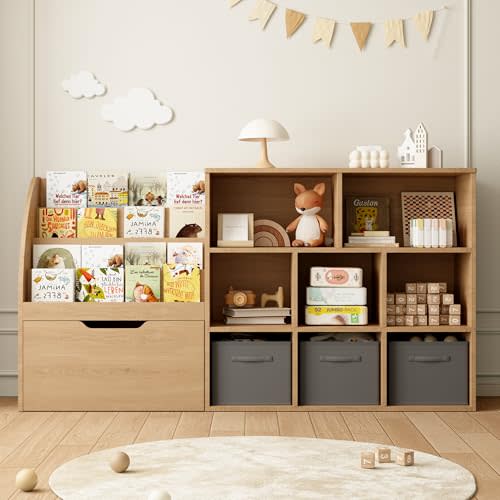 Fatmok Kids Bookshelf and Toy Storage, Toy Storage Organizers with Movable Drawers & 3 Storage Bins, Kids Reading Nook Toy Organizers Shelf with 5 Cubbies, Natral Wood