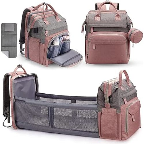 DERJUNSTAR Diaper Bag Backpack – Large Capacity Baby Diaper Bag with Changing Pad for Dad and Mom, Waterproof Travel Backpack, Multi-Function Bag with USB Charging Port, Rose Pink