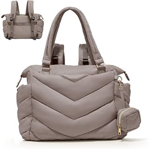 Diaper Bag Tote,Diaper Bag Backpack,Puffer Tote Bag with Pacifier Case,Lightweight Mommy for Hospital,Puffy with 10 Pockets,Convertible Baby for Travel,Khaki