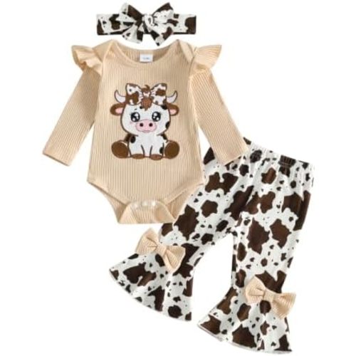 KMBANGI Baby Girl Western Clothes Cow Knit Romper Bow Flared Pants Set Fall