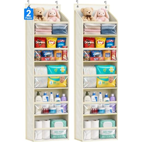 AOODA 2 Pack Over the Door Organizer, Large Capacity Closet Door Hanging Organizer, Clear Deep Pockets Baby Storage for Nursery, Bathroom, Bedroom, Pantry, Diapers (Light Yellow)