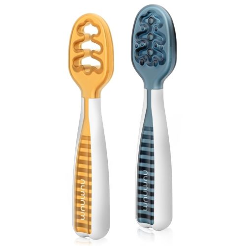 NumNum Baby Spoons Set, Baby Essentials Pre-Spoon GOOtensils for 6+ Months, First Stage Self-Feeding Spoons for Baby Led Weaning (BLW), Silicone Toddler Utensils, BPA-Free, 2 Pack Blue/Orange