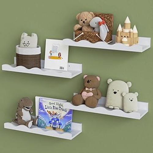 White Floating Shelves for Wall Decor, Nursery Book Shelves Set of 4, Wall Mounted Storage Shelves, Display Wall Shelf for Bedroom Living Room Bathroom Kids Baby Playroom Toy Storage - White