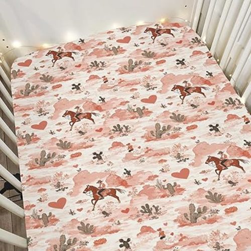 Retro Cowgirl Horse Cactus Love Baby Crib Sheets for Boy Girl 52x28Inch Western Cowgirl Hearts Soft Stretchy Fitted Crib Mattress Cover Wild Desert Baby Sheet for Standard Crib and Toddler Mattress