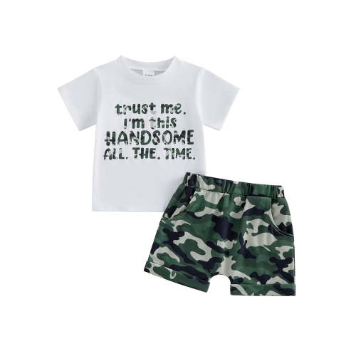 Loicainy Toddler Baby Boy Summer Clothes Set 12 18 24 Months 2T 3T 4T 5T Letter Print Short Sleeve Crew Neck T Shirt Elastic Waist Camouflage Shorts 2 Piece Outfits