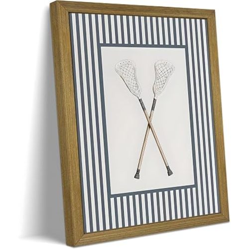 Boys Lacrosse Wall Art Framed Canvas Print, Crossed Lacrosse Sticks Sports Poster, Neutral Blue Striped Background Art Oil Painting for Boys Bedroom Playroom Sports Room Wall Decor 8x10 Inch