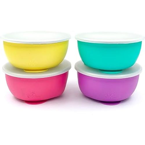 Elk and Friends Stainless Steel Bowls with Silicone Sleeve for Babies & Toddlers | Lids Included | Stay Put Suction | Cereal & Snack Bowls | 4 Pack