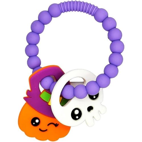 Baby Teething Ring, Halloween Baby Teething Toys, Skull & Pumpkin Silicone Teething Ring for 3-12 Months, Textured Sensory Chewing Ring for Infants & Toddlers, Gift for Baby's First Halloween