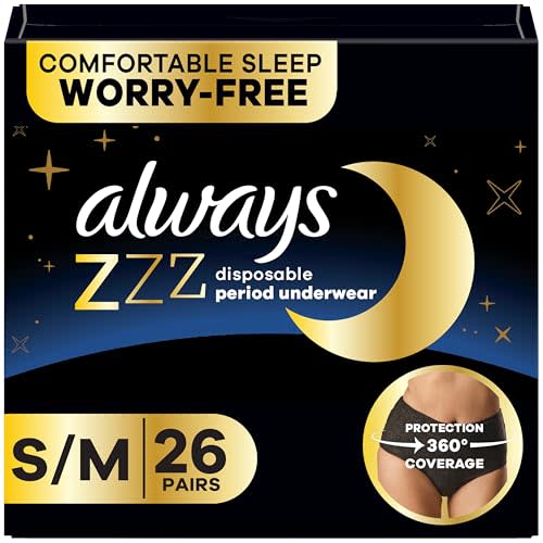 Always ZZZs Disposable Period Underwear, Size S/M, Absorbs 5X More Than an Ultra Thin Overnight Pad, Comfortable Sleep Worry-Free Nights 26 Count