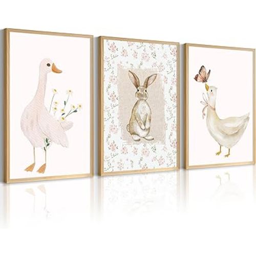 Vintage Nursery Wall Art Goose Canvas Poster Coquette Wall Decor Baby Girl Painting Kids Poster Bunny Rabbit Prints Cute Animal Pictures Duck Artwork for Bedroom Living Room 12x16x3 Inch Unframed