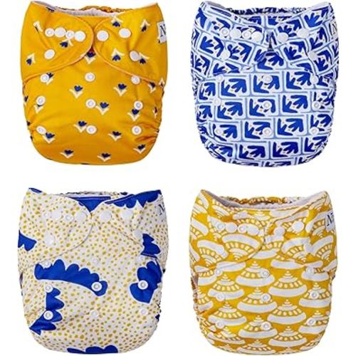 Nora's Nursery Cloth Pocket Diapers 4 Pack with 4 Inserts - Waterproof Cover, Washable, Reusable & One Size Adjustable Pocket Diapers for Newborns and Toddlers - Sicilian Summer