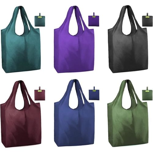 BeeGreen Reusable Grocery Bags Heavy Duty Extra Large 6 Pack Foldable Tote Bag - Cloth Grocery Bags Machine Washable Polyester Fabrics Bulk Shopping Bag - Reusable Gifts for Women (Green Black)