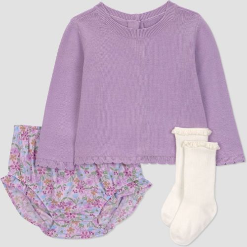 Carter's Just One You® Baby Girls' 3pc Floral Sweater with Bloomer and Socks Set - Purple 3M