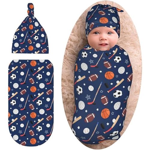Cute Ball Print Swaddle Blanket with Beanie Set, Baseball Football Baby Stuff Blankets Newborn Sleeping Sacks for Girls Boys