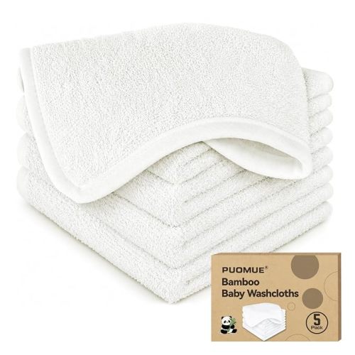 Puomue 5 Pack Baby Washcloths 10"×10", 80% Bamboo Rayon 20% Cotton Ultra Soft Absorbent Lint Free Gentle Bath Face Towels for Newborn Sensitive Skin White
