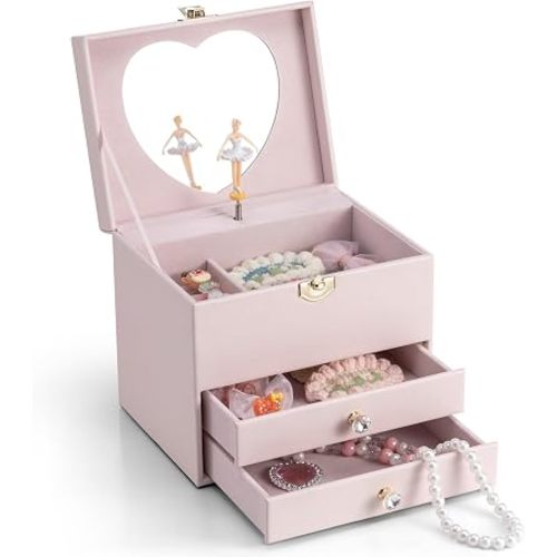 VLANDO 3 Layer Musical Jewelry Box for Girls, 2 Large Drawers Storage