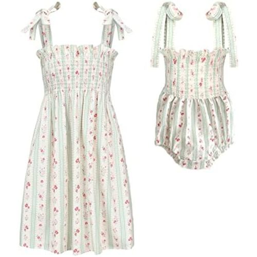 Colorful Childhood Baby Girls Summer Dress Toddler Strap Smocked Floral Boho Beach Dress Rompers Sisters Matching Outfits