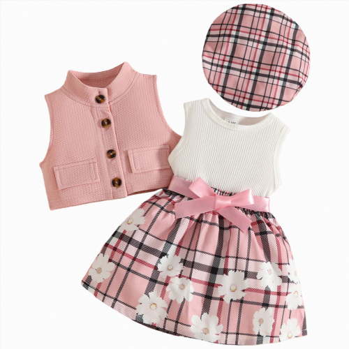 CAICJ98 Toddler Baby Girl 3 Piece Outfits Cute Sleeveless Collar Crop Jackets Flower Plaid A-Line Dress with Hat Spring Clothes Sets (Pink,9-12 Months)