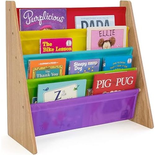 Humble Crew 4-Tier Kids Bookshelf, Natural Wood/Rainbow - Premium Book Shelf for Kids Rooms with Four Deep Pockets - Toddler Sling Book Rack with Deep Sleeves, Nursery Bookcase Organizer