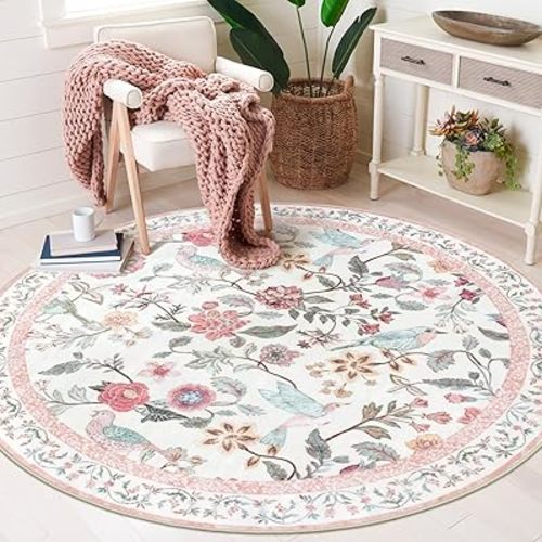 Pink Floral Round Rugs 4ft, Washable Boho Circle Rug for Girls Bedroom, Soft Non-Slip Botanical Nursery Circular Carpet, Modern Flower Birds Throw Rug for Kids Room Living Room