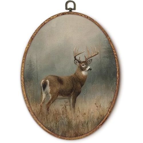 fZSZSD Rustic Farmhouse Deer Oval Wall Art Decor, Vintage Country Deer Oval Framed Canvas Art Prints, Moody Cottagecore Wild Animal Wall Hanging Decor for Home Bedroom Living Room, 8.5x11.5 Inch