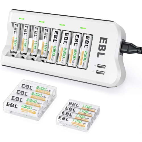EBL AA 2300mAh (8 Pack) and AAA 1100mAh (8 Pack) Ni-MH Rechargeable Batteries 1.2V and AA AAA Rechargeable Battery Charger with 2 USB Charging Ports