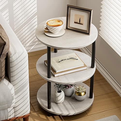 Small Round End Table - 3 Tier Design Accent Table, Narrow Side or Bedside Stand, Industrial Vintage Nightstand for Bedroom, Living Room, or Small Spaces, Greige