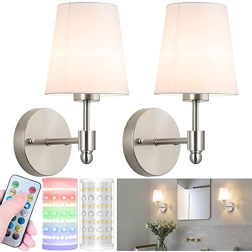 Battery Operated Wall Sconces Set Of 2, Wireless Battery Wall Light With 10000mAh RGB Rechargeable Magnetic Bulb, Rechargeable Wall Sconce With Remote Control For Bedroom, No Electrician Required