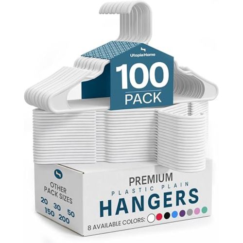 Utopia Home - Plastic Hangers 100 Pack - Space Saving Clothes Hanger - Durable and Strong Closet Organizers and Storage Makes It Ideal Stocking Stuffers or Apartment or Dorm Room Essentials (White)