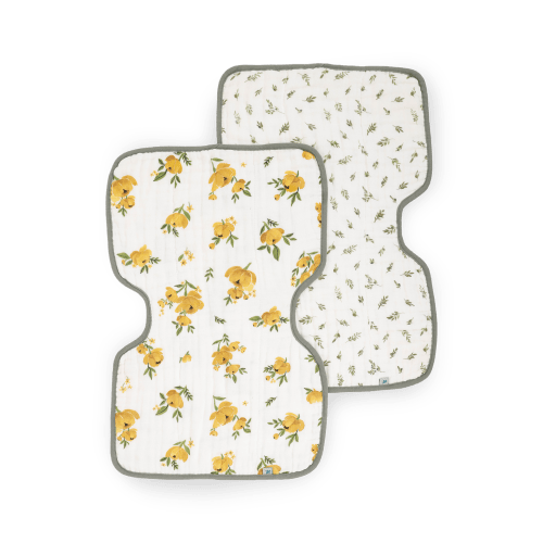 Organic Cotton Muslin Burp Cloth 2 Pack - Yellow Roses + Olive Branch