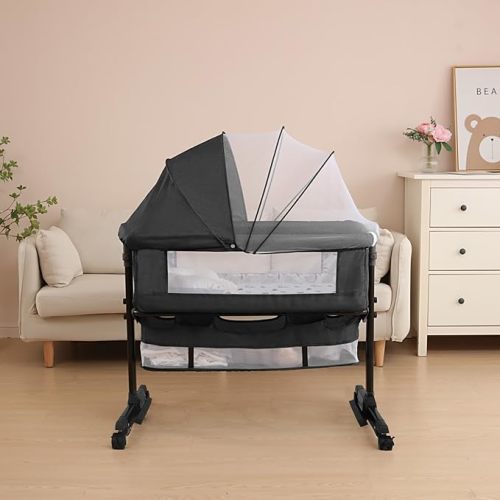 YADAQE Baby Cradle, Freestanding Bedside Bassinet, 3-in-1 Convertible Bassinet with 360° Swivel Wheels, 2026 New Model Adjustable, Easy-Fold Portable Neutral Baby Newborn Bassinet (Dark Gray)