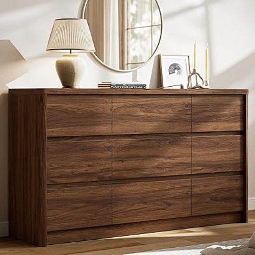 9 Drawer Walnut Dresser for Bedroom, 55" Wide Modern Chest of Drawers with 9 Large Storage Space with Curved Edge Design, Large Dresser for Bedroom,Walnut