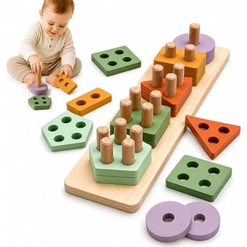 ANGORA BRANDS Montessori Wooden Shape Sorter & Stacking Toy for Toddlers 3+, Educational Puzzle that Builds Fine Motor & Cognitive Skills by Playfully