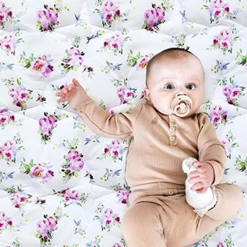 Baby Playpen Mat 59x59 Inches, One-Piece Crawling Non Slip Cushioned Pad for Playing, Baby Play Floor Mat for Babies, Toddlers, Floral