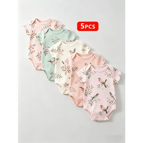 5pcs baby girls cute bird print short sleeve bodysuits - Temu