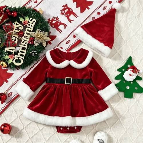 Baby Velvet Skirted Bodysuit with Hat