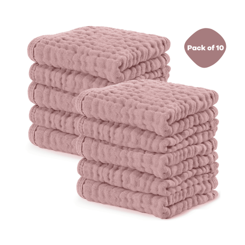 Comfy Cubs Baby Washcloths, Muslin Cotton Baby Towels, Large 10”x10” Wash Cloths (Mauve, Pack of 10)