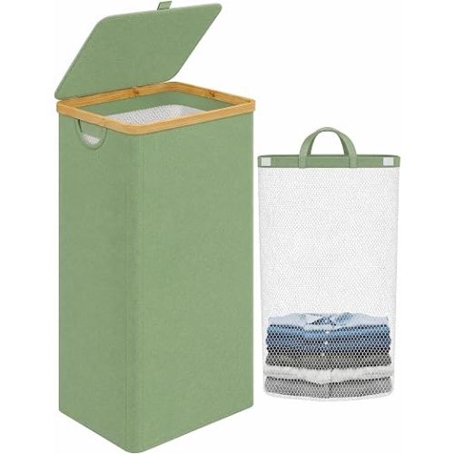 IEGrow Laundry Hamper with Lid,110L Laundry Basket with Mesh Bags,Green