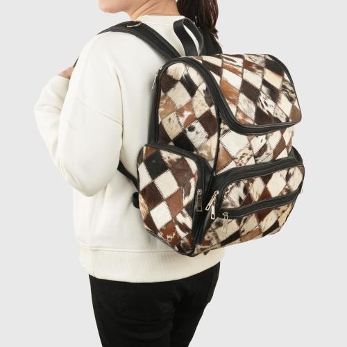 Handcrafted Cowhide Patchwork Backpack: Leather Western Diaper Bag