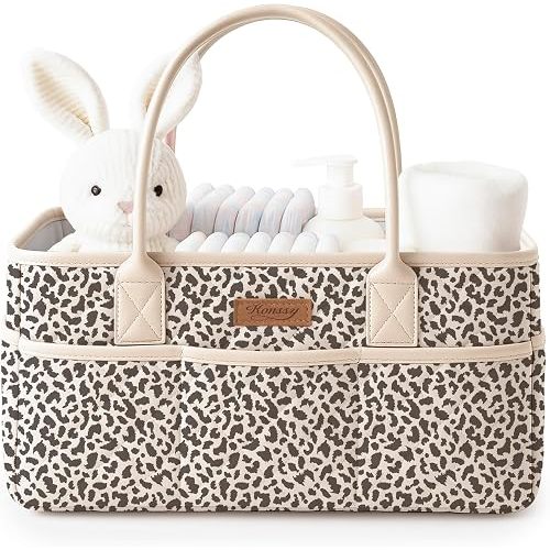 Konssy Quilted Diaper Caddy Organizer, Diaper Caddy Basket with PU Leather Handles, Water-Repellent Nursery Storage Basket, Portable Car Organizer, Registry Search Must Haves (Little Leopard)