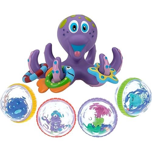 Bundle of Nuby Floating Octopus Toy with 3 Hoopla Rings - BPA Free Baby Bath Toy for Boys and Girls + Nuby Bubbly Buds Bath Toys, BPA Free