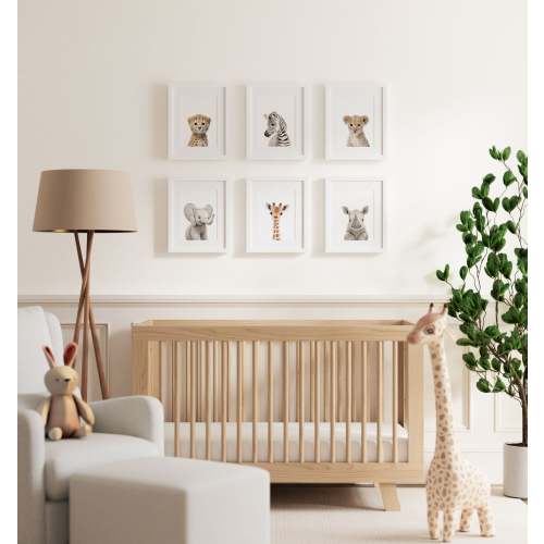 Framed Baby Safari Animals Nursery Decor - African Animals Set of 6 - 12x16 frame - with mat · White - The Crown Prints