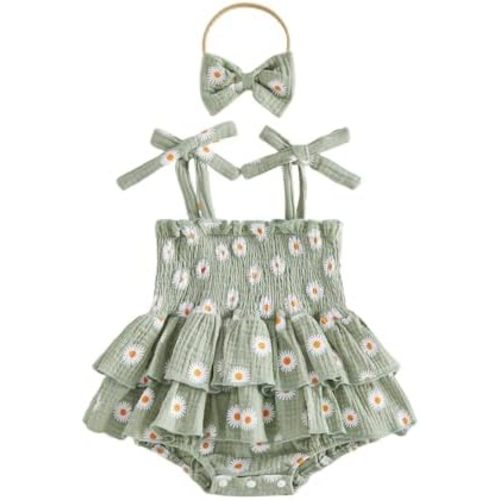 MERSARIPHY Newborn Baby Girl Clothes Set Summer Outfit Sleeveless Halter Tulle Ruffle Smocked Romper Dress One Piece Bodysuit