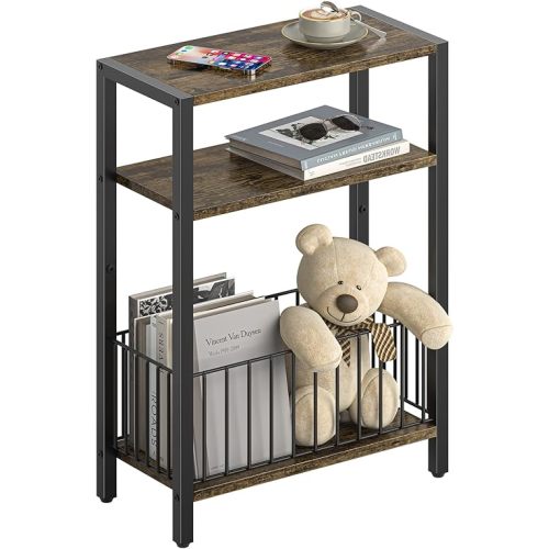 Yoobure Narrow Side Table with Storage Basket, Small End Table for Small Spaces Skinny Side Tables Living Room Bedroom, Slim Nightstand 3 Tier Bedside Table Space-Saving for Magazine, Rustic Brown