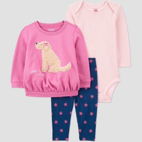 Carter's Just One You® Baby Girls' Dog Sweatshirt with Long Sleeve Bodysuit and Leggings Set - Pink 3M