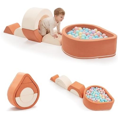 Toddler Climbing Toys with Ball Pit, 6-Piece Baby Foam Climbing Blocks, Indoor Soft Play Set for Crawling, Climbing, Balance & Creative Play, Orange, Balls Not Included