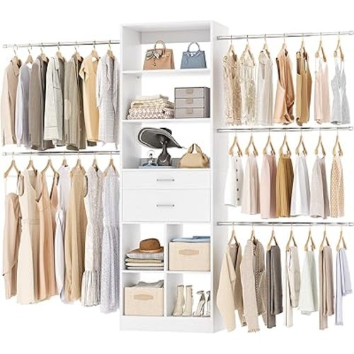 Closet System, 4-8 FT Closet Organizer Tower with 2 Wooden Drawers and Shelves, Can Fit 60 to 96 inch Walk-in Closet System with 5 Hanging Rods, Built-in, White