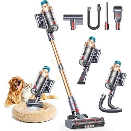 Cordless Vacuum Cleaner, 55KPA 650W 70Mins Stick Vacuum Cleaners for Home with Motorized Bed Brush, Flexible Hose, LED Touchscreen, Auto Mode, Self-Standing & Wall Mount, for Pet Hair Carpet Floor